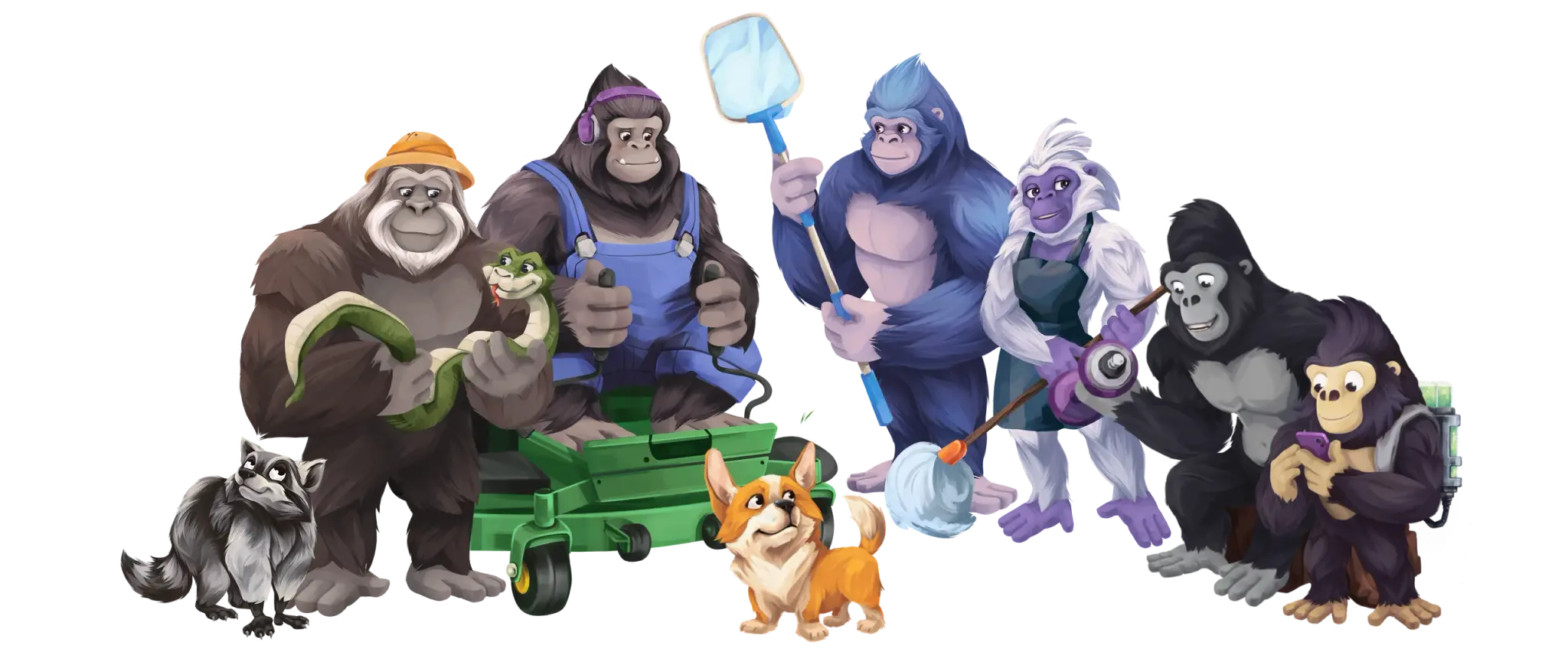 An illustrated squad of GorillaDesk AI assistants including gorillas in service roles like lawn care, pool maintenance, and pest control, accompanied by a raccoon and a corgi.
