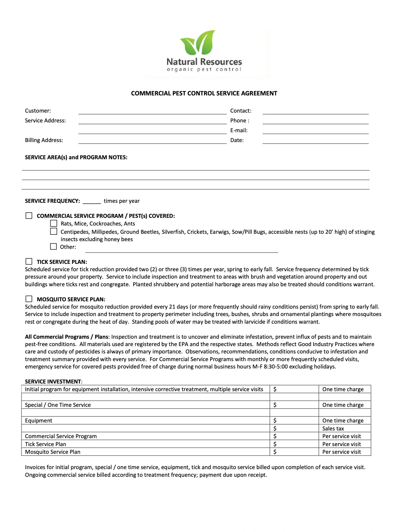 Commercial pest control service agreement preview