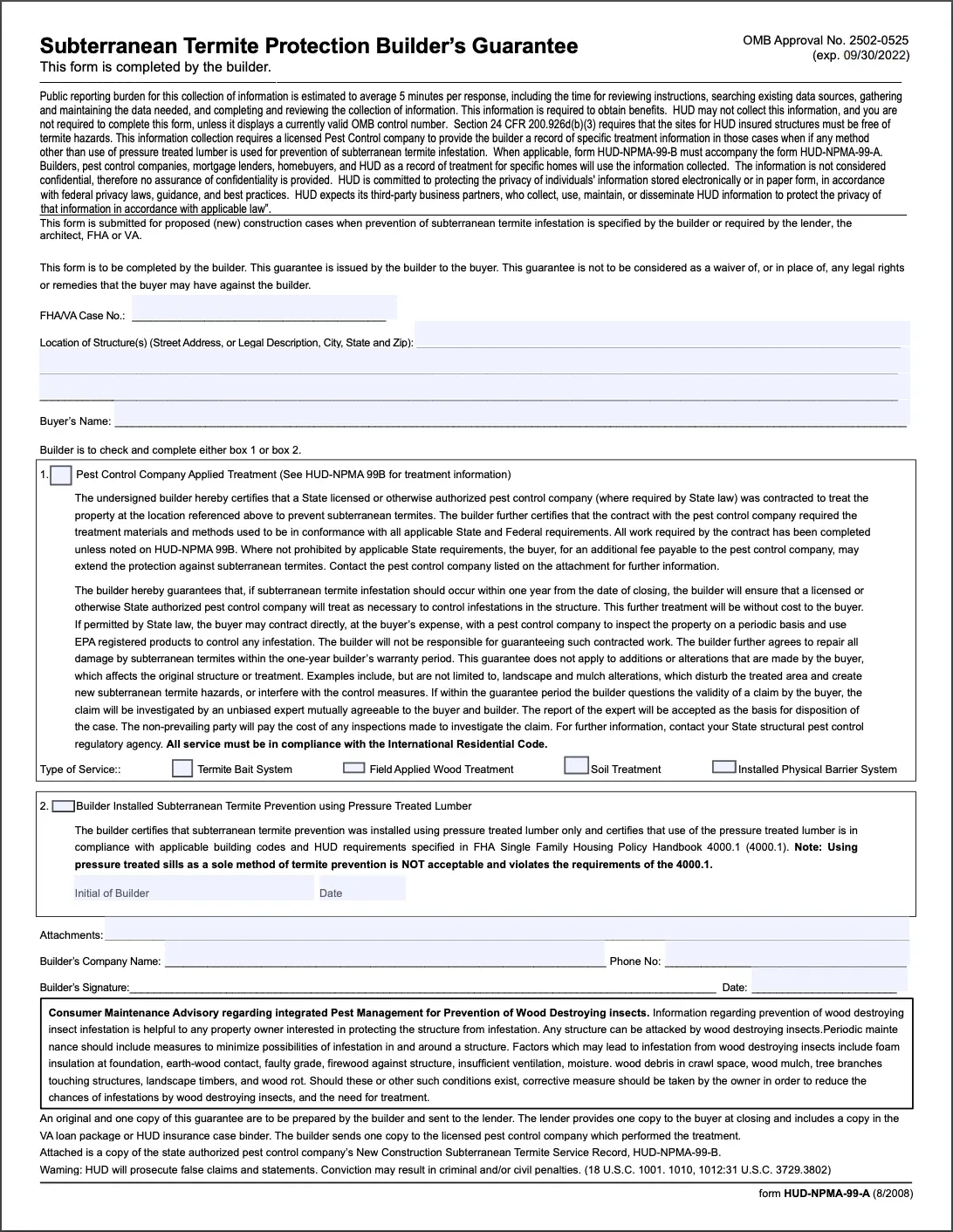 HUD NPMA-99A form preview