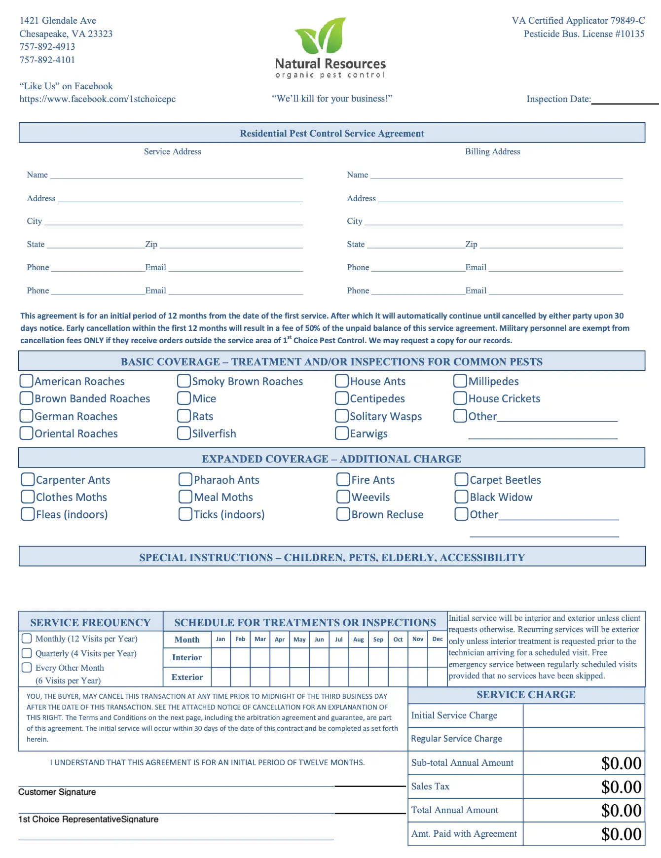 Residential pest control service agreement preview