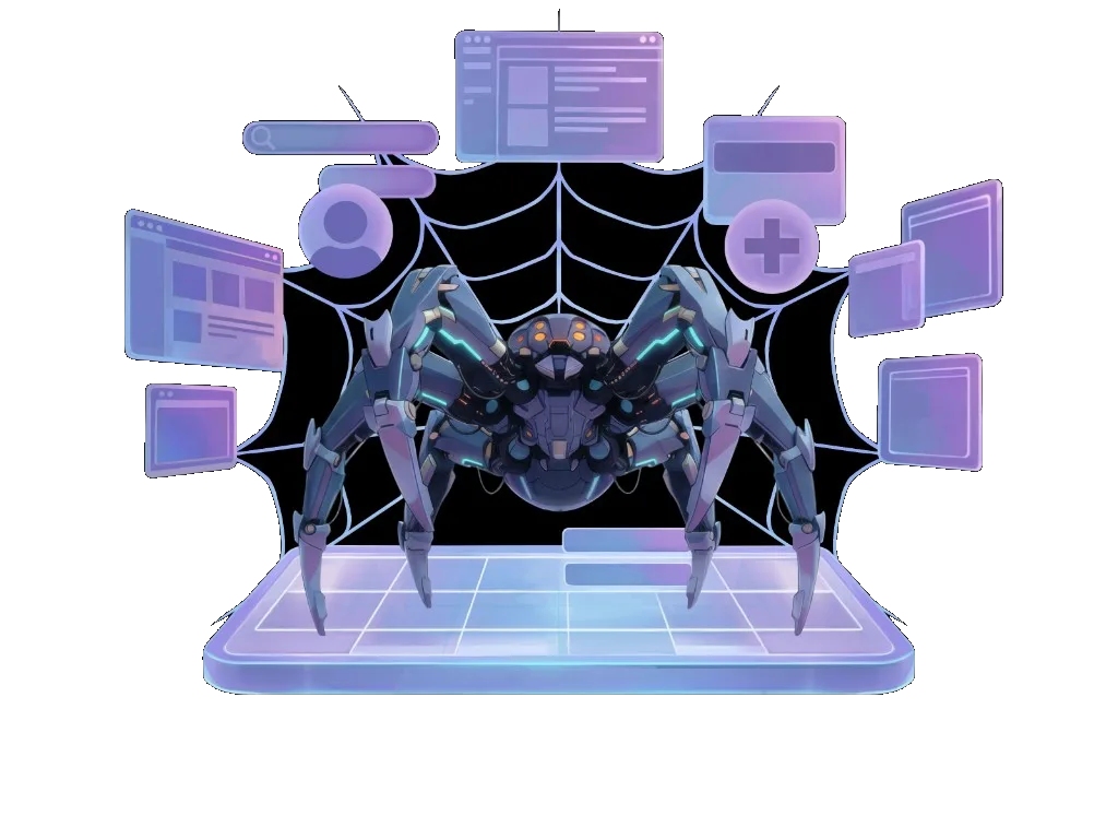 Atrax AI website builder — mechanical spider on a digital platform with web UI elements