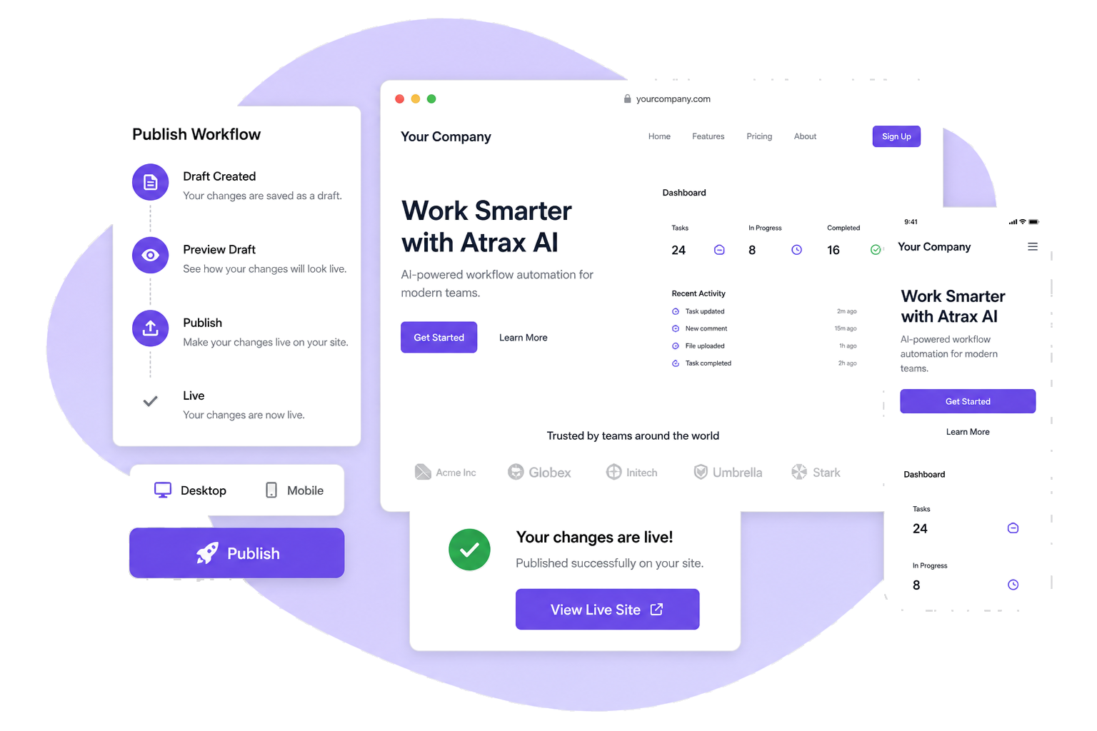 Atrax AI publish workflow from draft to live site