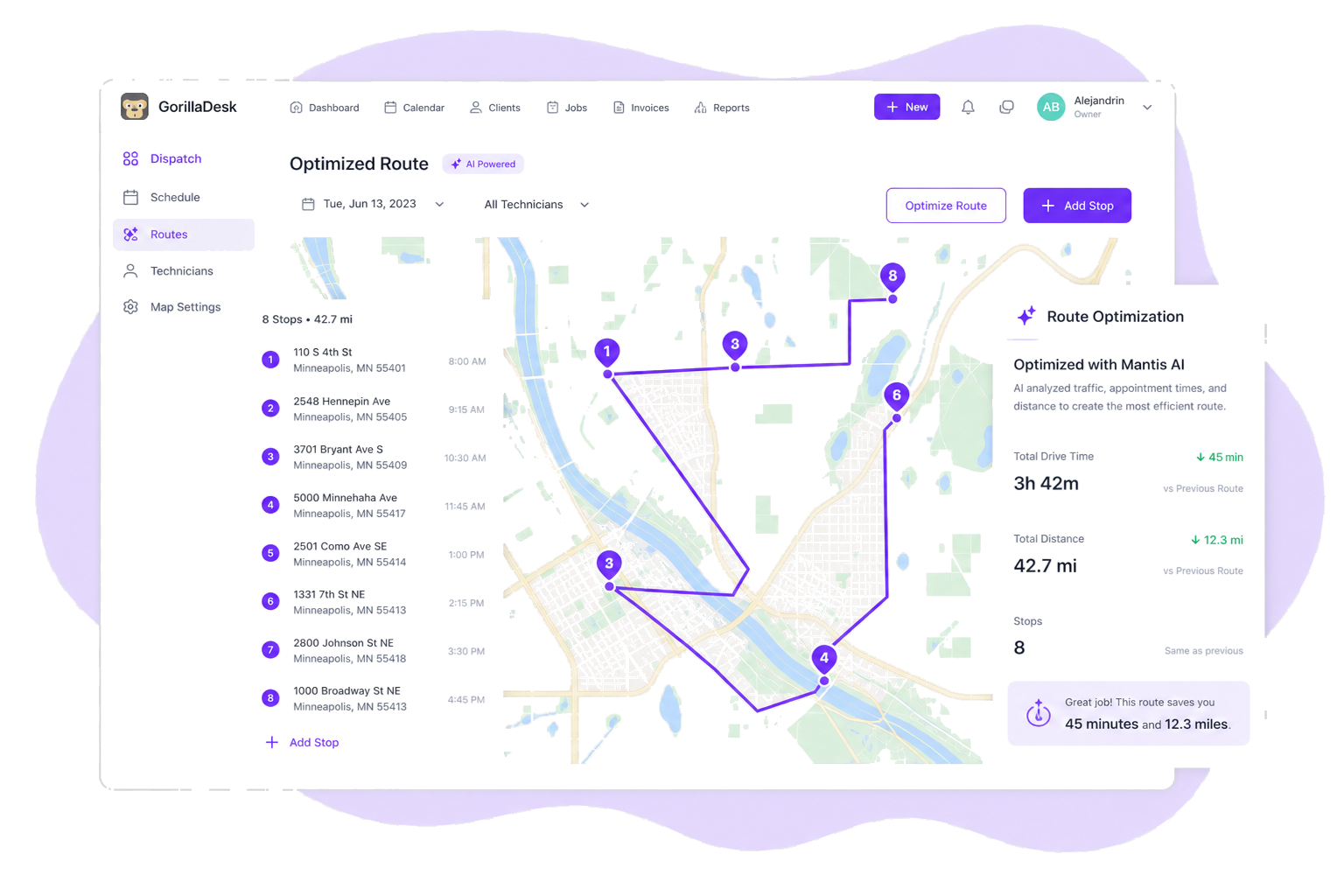 Mantis AI route optimization map with efficient paths