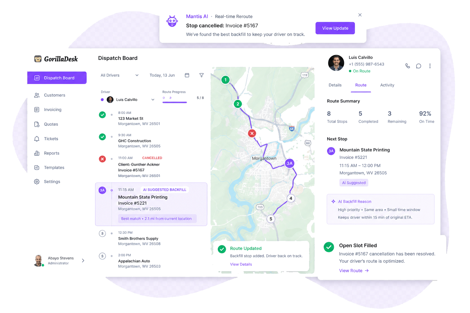 Mantis AI real-time reroute after schedule change