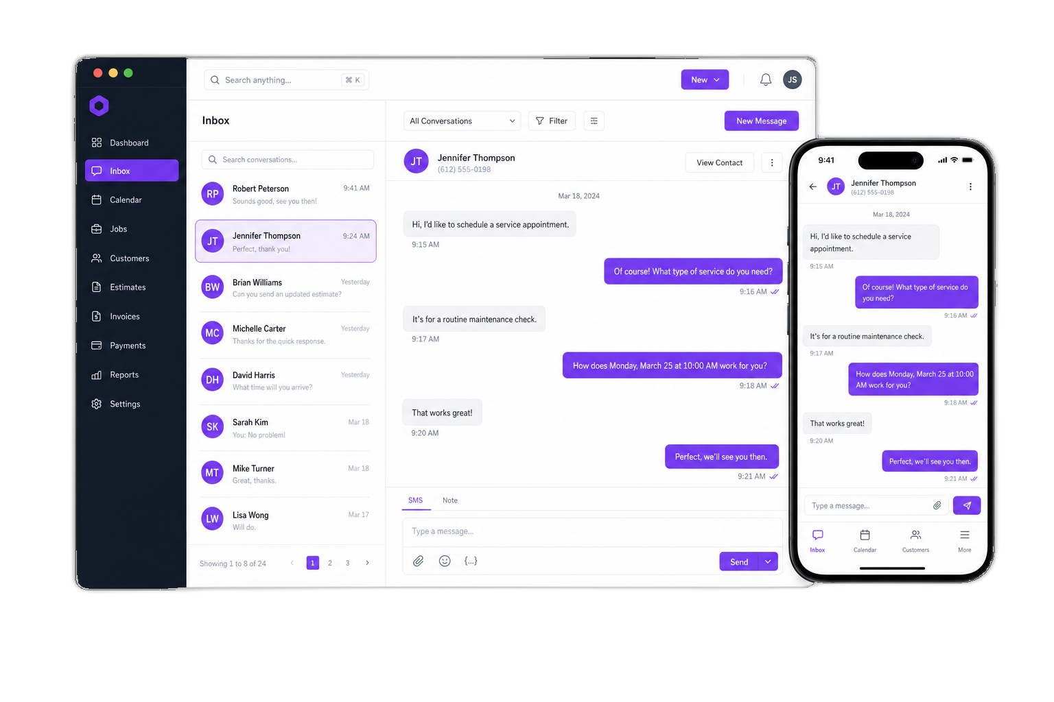GorillaDesk SMS text messaging inbox and customer thread