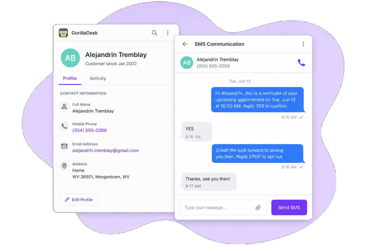 GorillaDesk SMS communicator on a customer profile