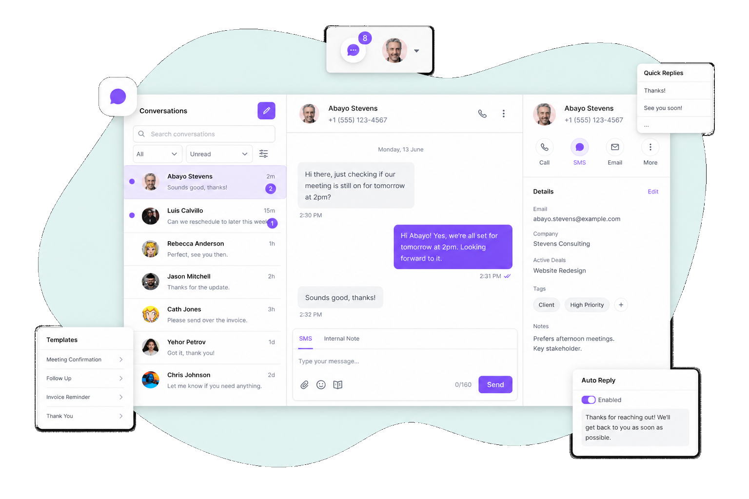GorillaDesk SMS inbox with customer threads