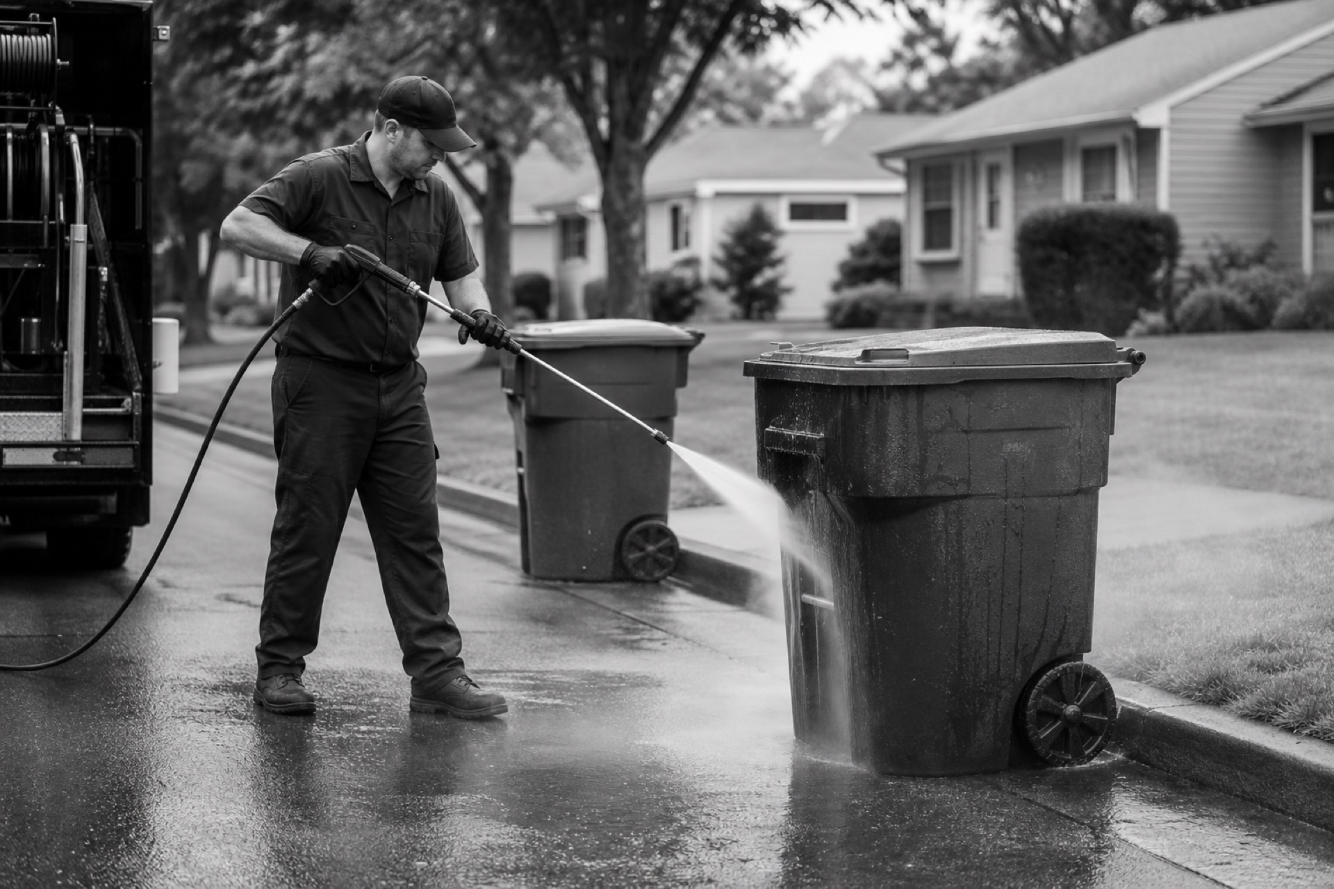Bin cleaning technician pressure-washing a curbside trash bin on a suburban street