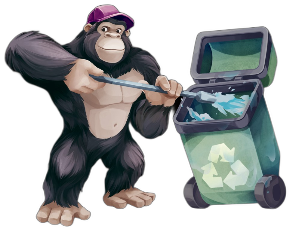 GorillaDesk mascot cleaning a recycling bin for bin cleaning businesses