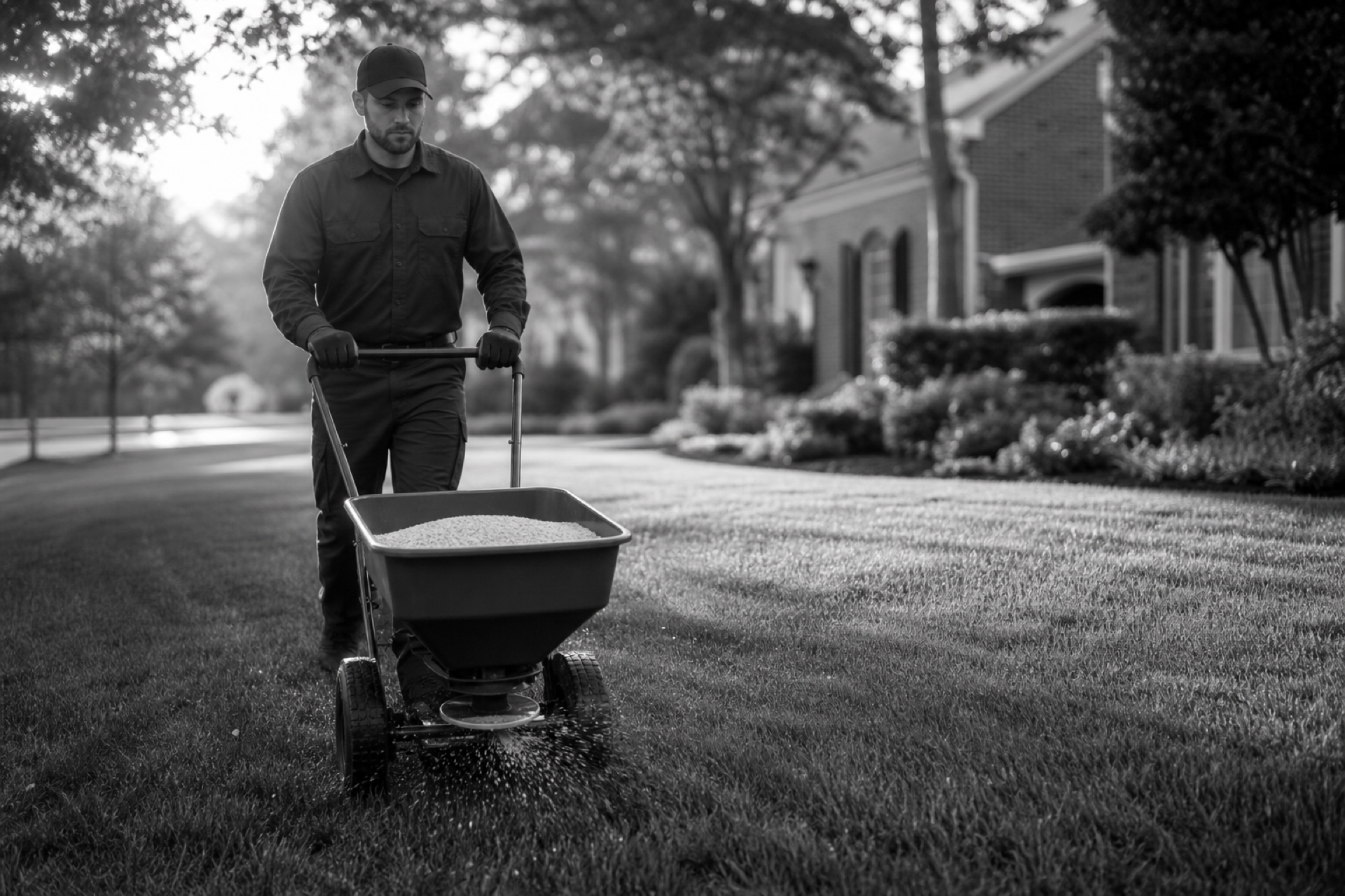 Fertilization technician applying granular fertilizer with a walk-behind spreader on a suburban lawn