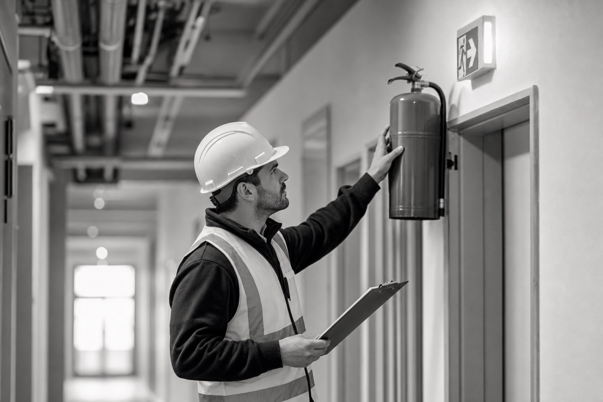 Fire safety inspector checking an extinguisher and exit signage in a commercial corridor