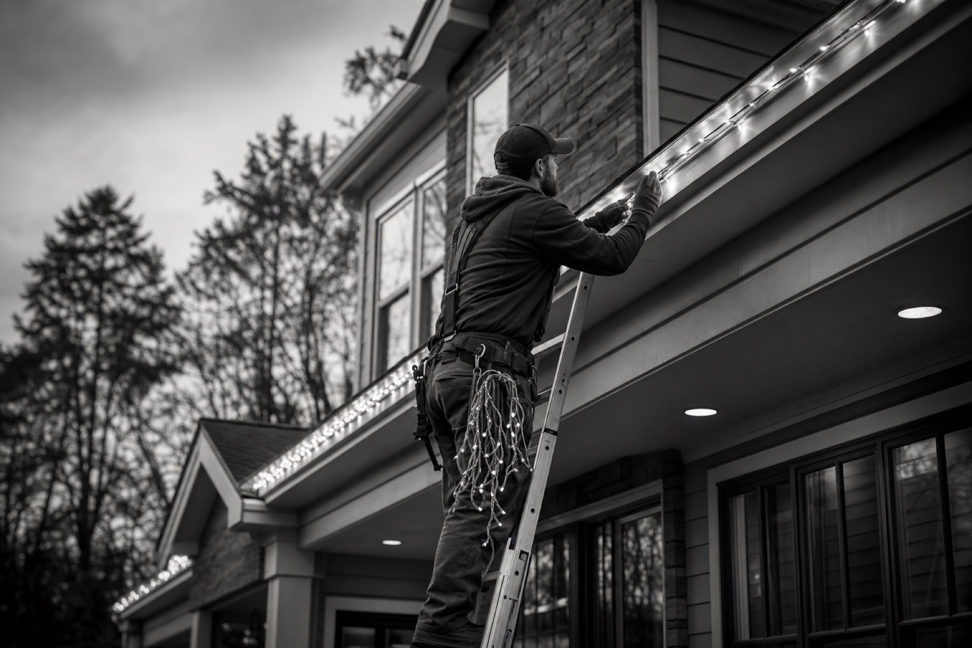 Holiday lighting installer on a ladder attaching lights along a home roofline