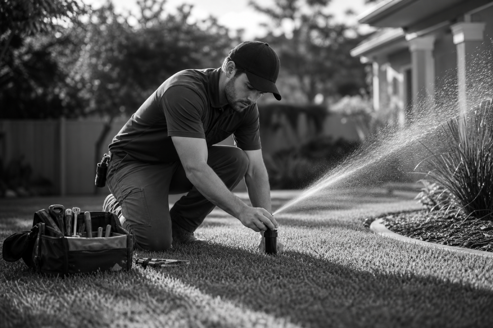 Irrigation technician adjusting a pop-up sprinkler head on a residential lawn