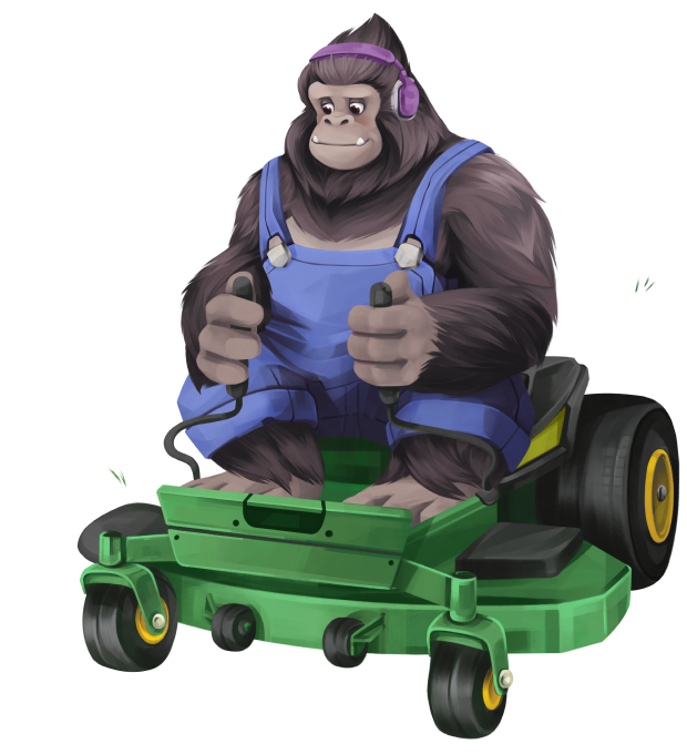 GorillaDesk mascot on a lawn mower for landscaping businesses