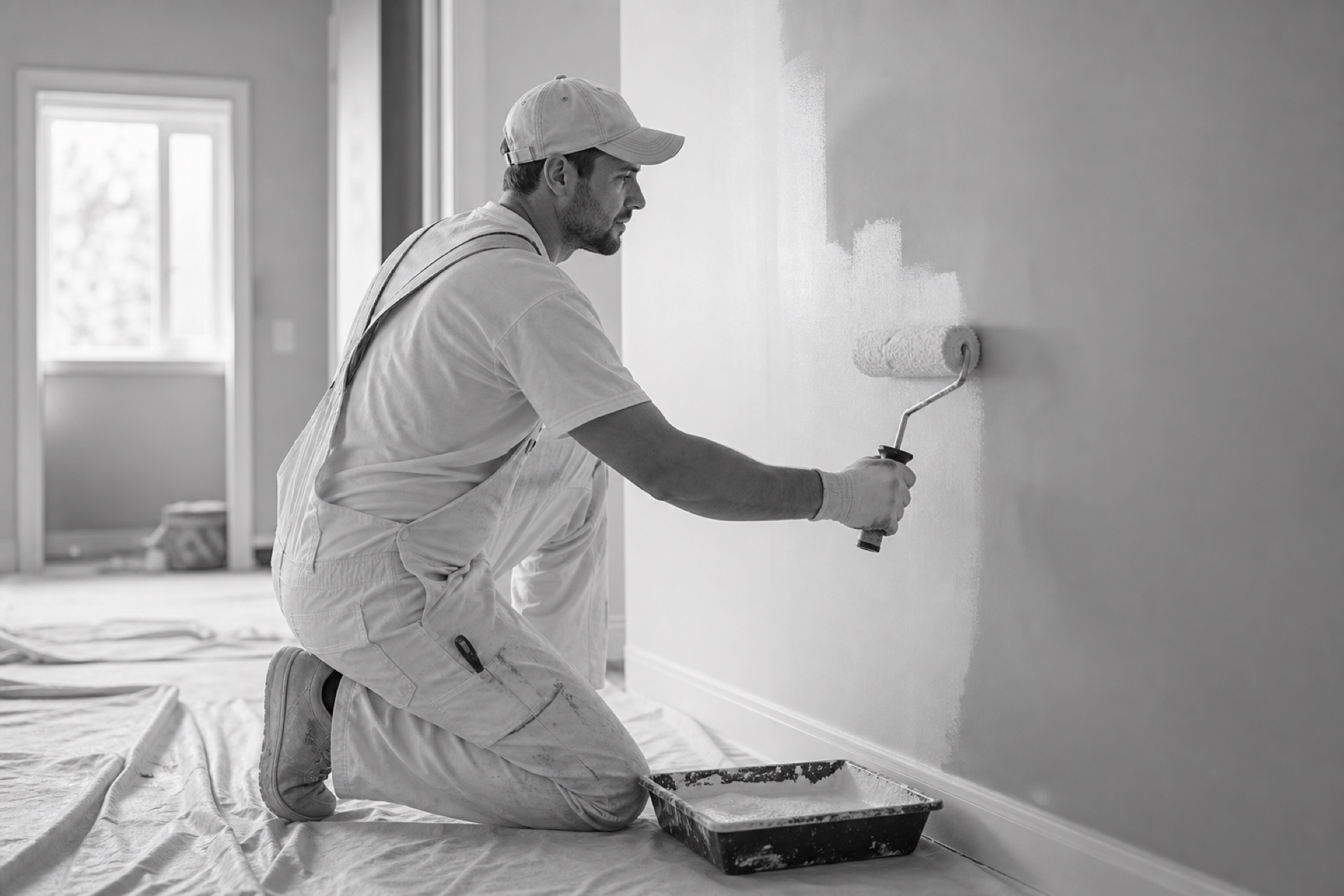 Painting contractor rolling fresh paint on an interior wall with drop cloths