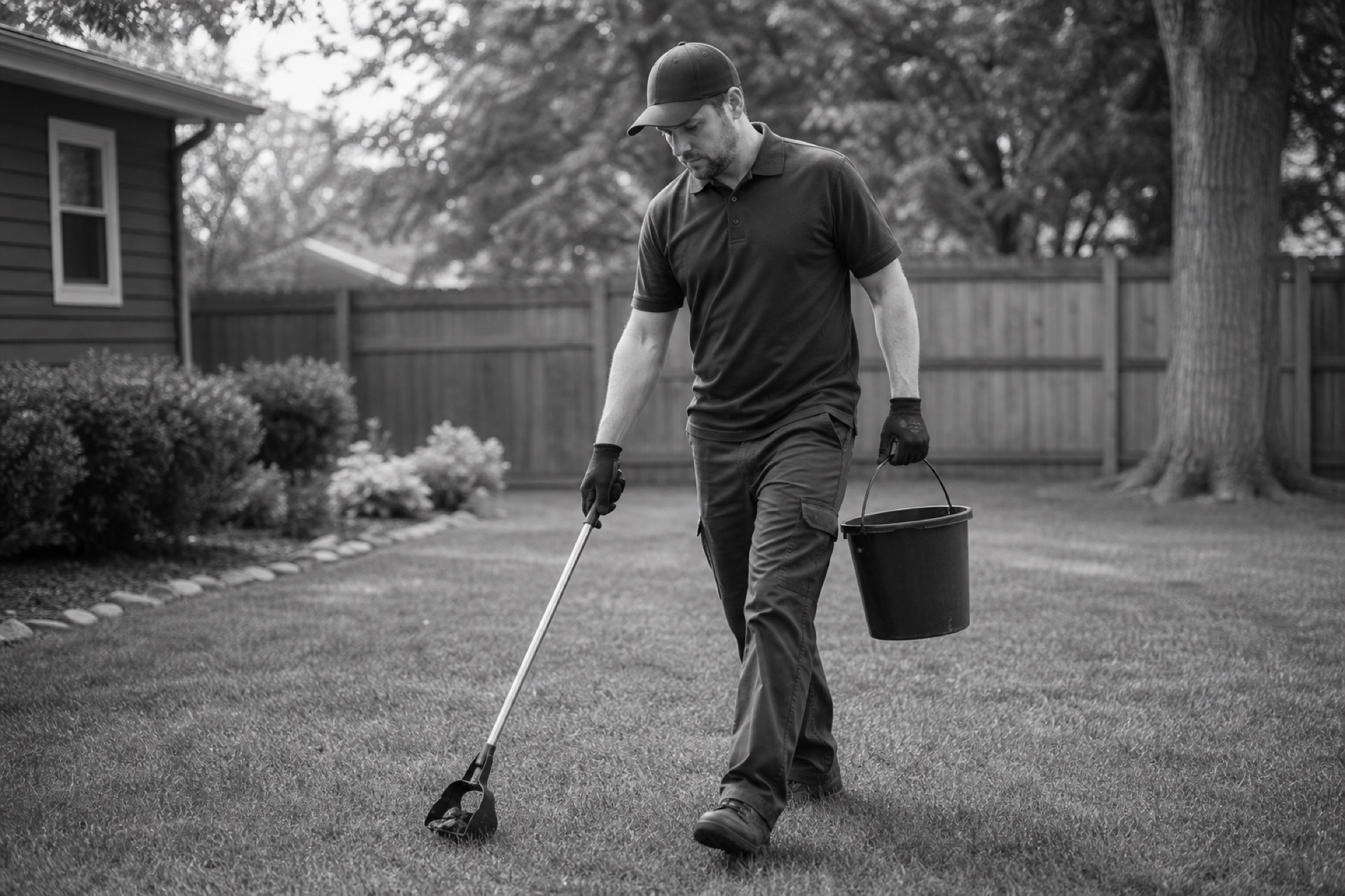 Pet waste removal technician scooping a suburban backyard lawn