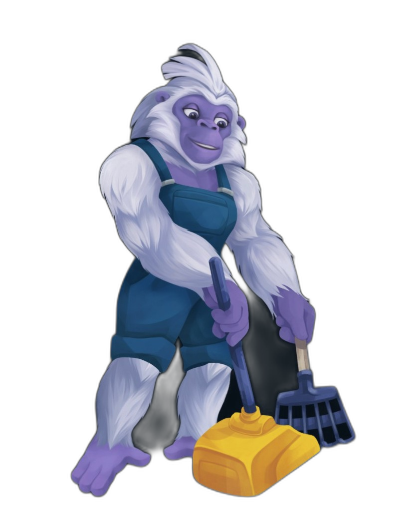 GorillaDesk mascot with pooper scooper for pet waste removal businesses