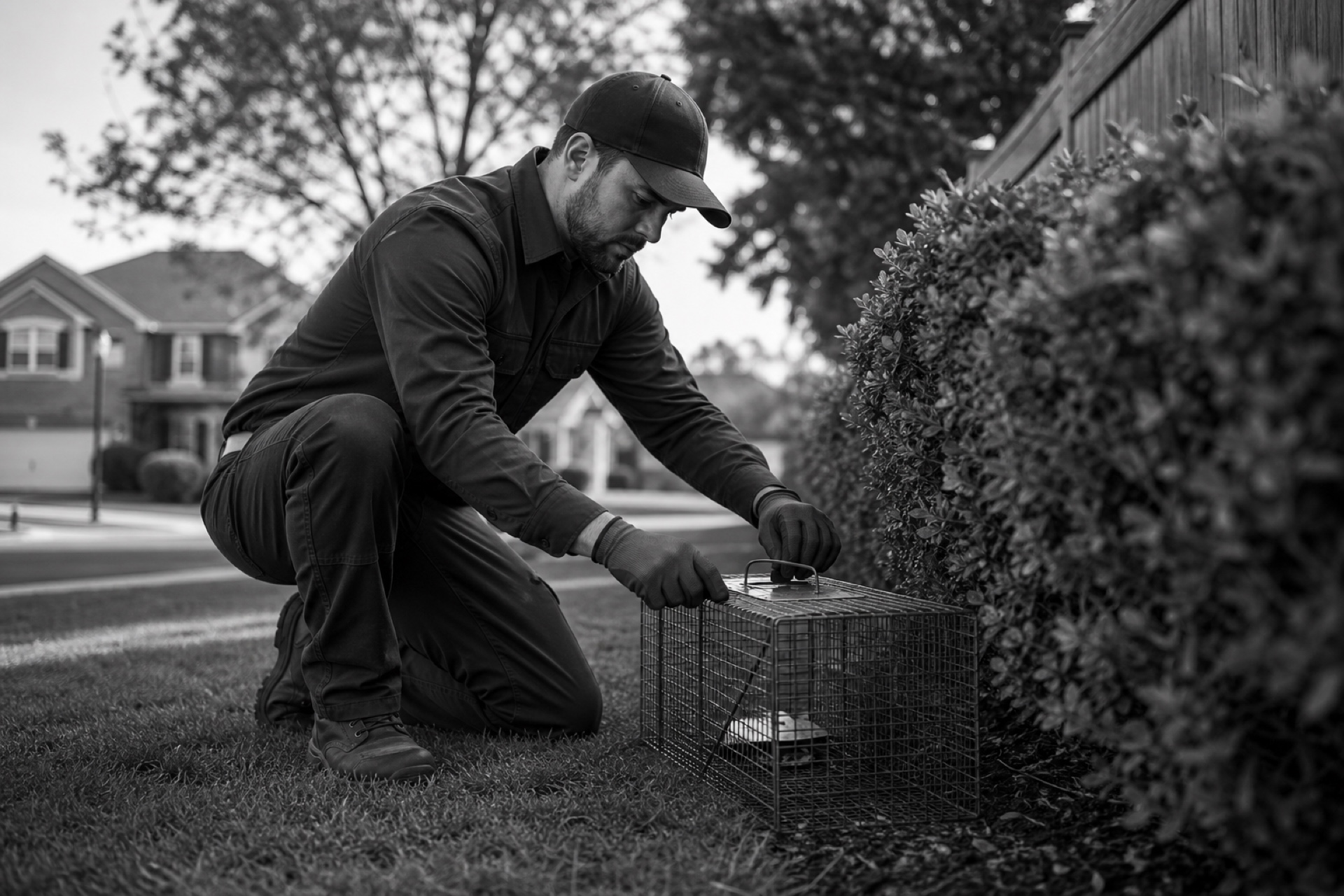 Wildlife control technician with humane trap in a suburban backyard