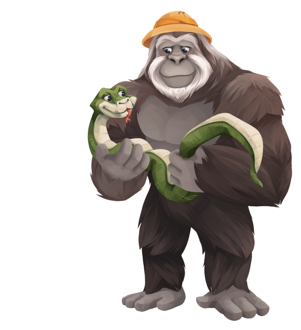 GorillaDesk mascot in a safari hat holding a snake for wildlife control businesses