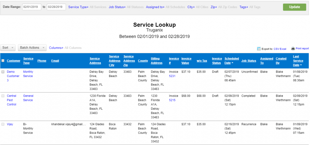 Service and Customer details - Pest Control Reporting Software
