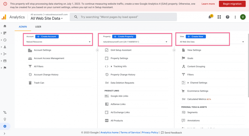 Universal Analytics Admin Page Layout