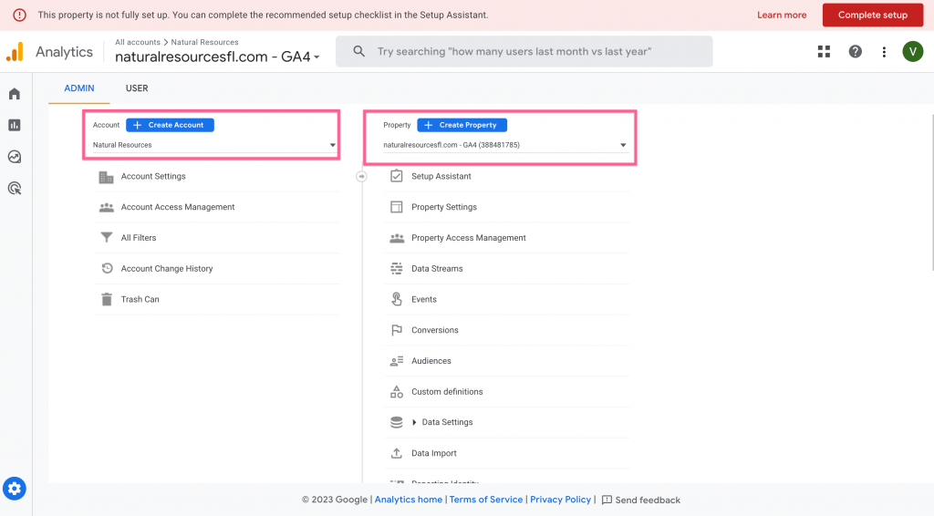 GA4 Admin Page Layout