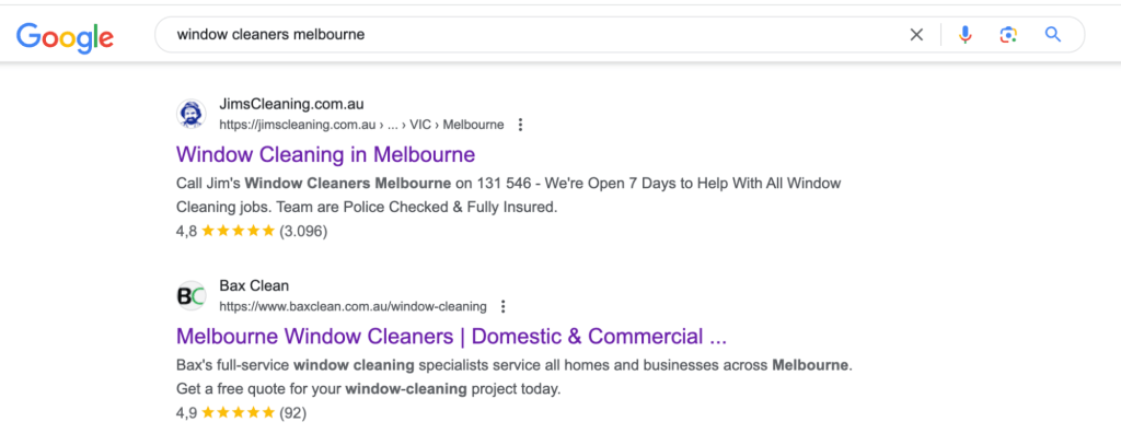 A Google search for “Window cleaners Melbourne”