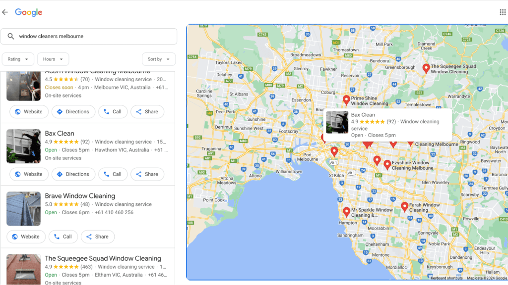 A Google Maps example search for Window cleaners Melbourne