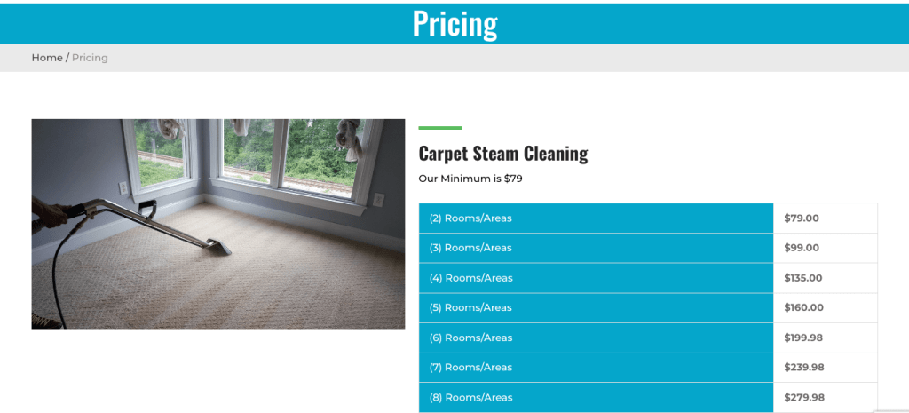 Clean Free Carpet Cleaning’s website transparent pricing